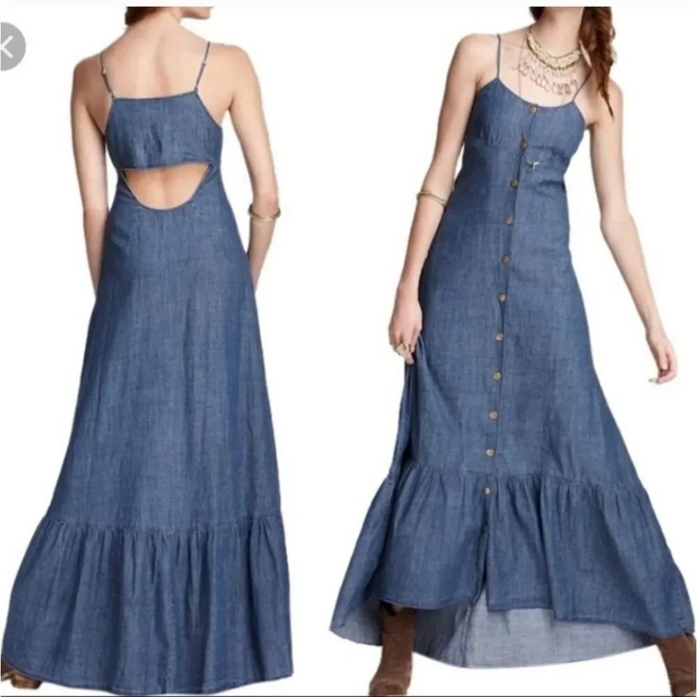 Free people maxi open back denim dress